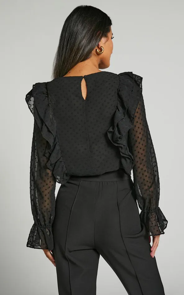 Showpo Emielene Top 8211 Ruffle Scoop Neck Long Sleeve Top In Black Women Tops Showpo Emielene Top 8211 Ruffle Scoop Neck Long Sleeve Top In Black Women Tops