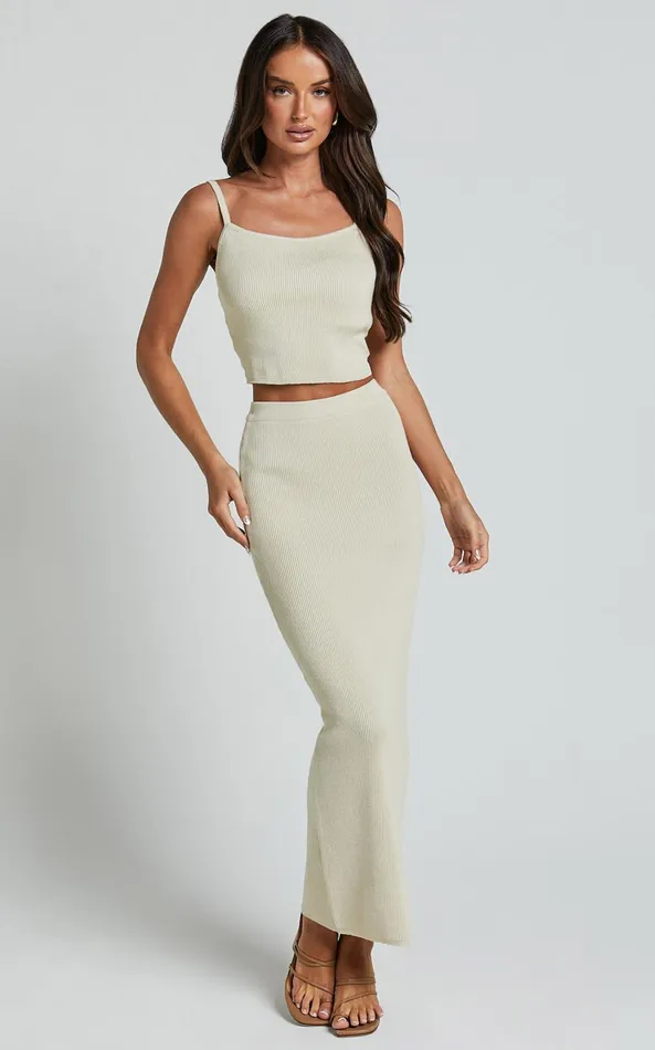 Showpo Emilea Knitted Two Piece Set 8211 Knitted Strappy Crop Top And Midi Skirt Set In Stone Women Two Piece Sets and Coords Showpo Emilea Knitted Two Piece Set 8211 Knitted Strappy Crop Top And Midi Skirt Set In Stone Women Two Piece Sets and Coords