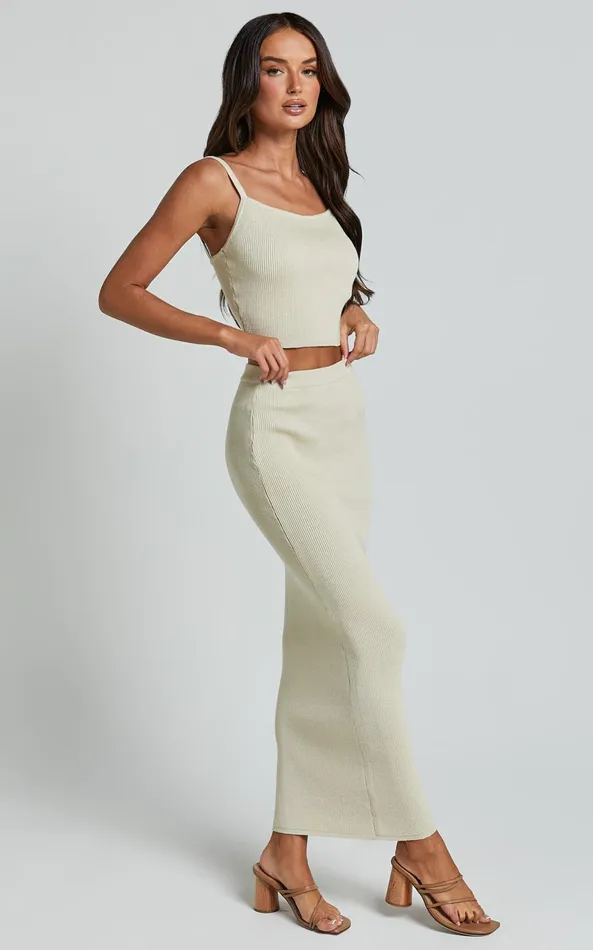 Showpo Emilea Knitted Two Piece Set 8211 Knitted Strappy Crop Top And Midi Skirt Set In Stone Women Two Piece Sets and Coords