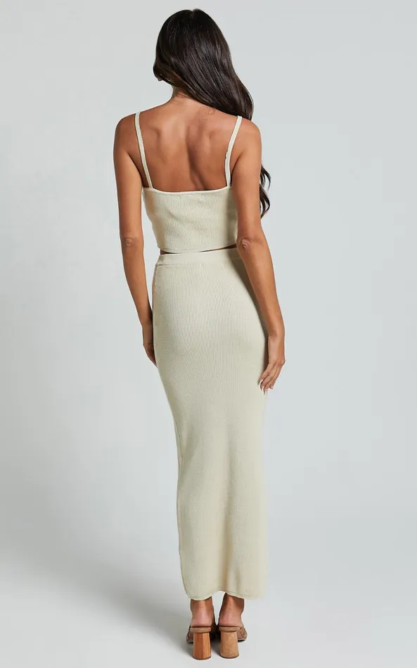 Showpo Emilea Knitted Two Piece Set 8211 Knitted Strappy Crop Top And Midi Skirt Set In Stone Women Two Piece Sets and Coords