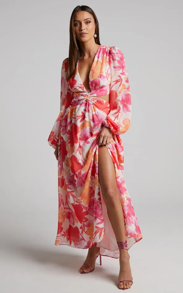 Showpo Emilee Midi Dress 8211 Side Cut Out Long Sleeve Plunge Dress In Pink Floral Women Dresses Showpo Emilee Midi Dress 8211 Side Cut Out Long Sleeve Plunge Dress In Pink Floral Women Dresses