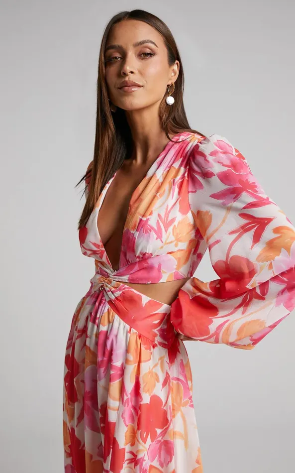 Showpo Emilee Midi Dress 8211 Side Cut Out Long Sleeve Plunge Dress In Pink Floral Women Dresses