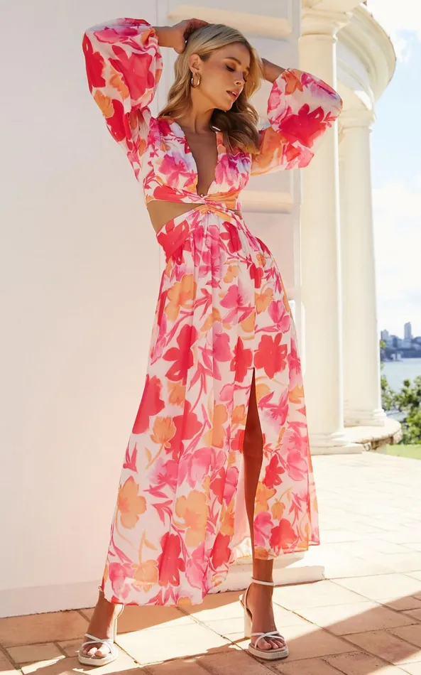 Showpo Emilee Midi Dress 8211 Side Cut Out Long Sleeve Plunge Dress In Pink Floral Women Dresses