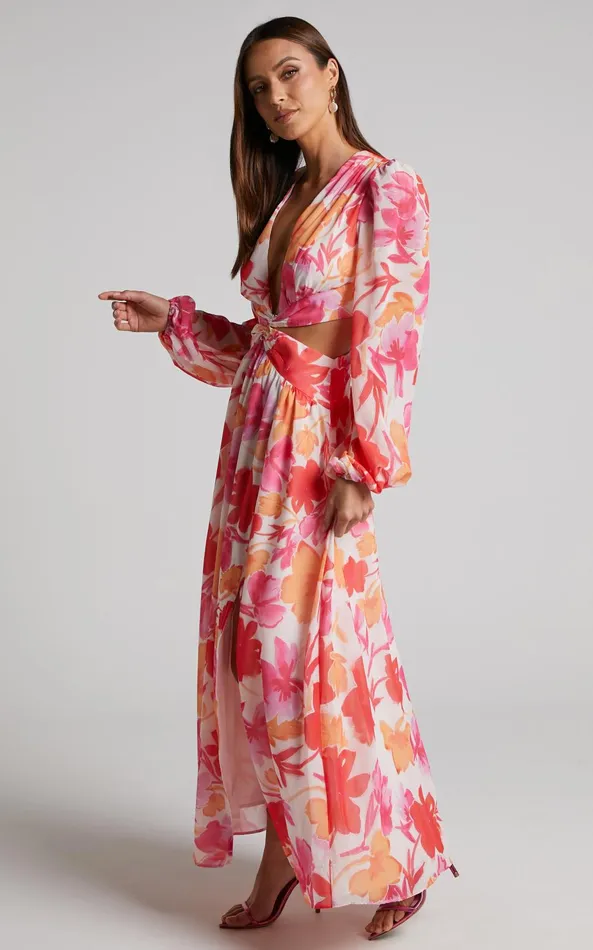 Showpo Emilee Midi Dress 8211 Side Cut Out Long Sleeve Plunge Dress In Pink Floral Women Dresses