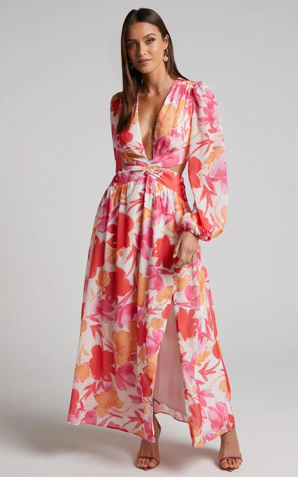 Showpo Emilee Midi Dress 8211 Side Cut Out Long Sleeve Plunge Dress In Pink Floral Women Dresses