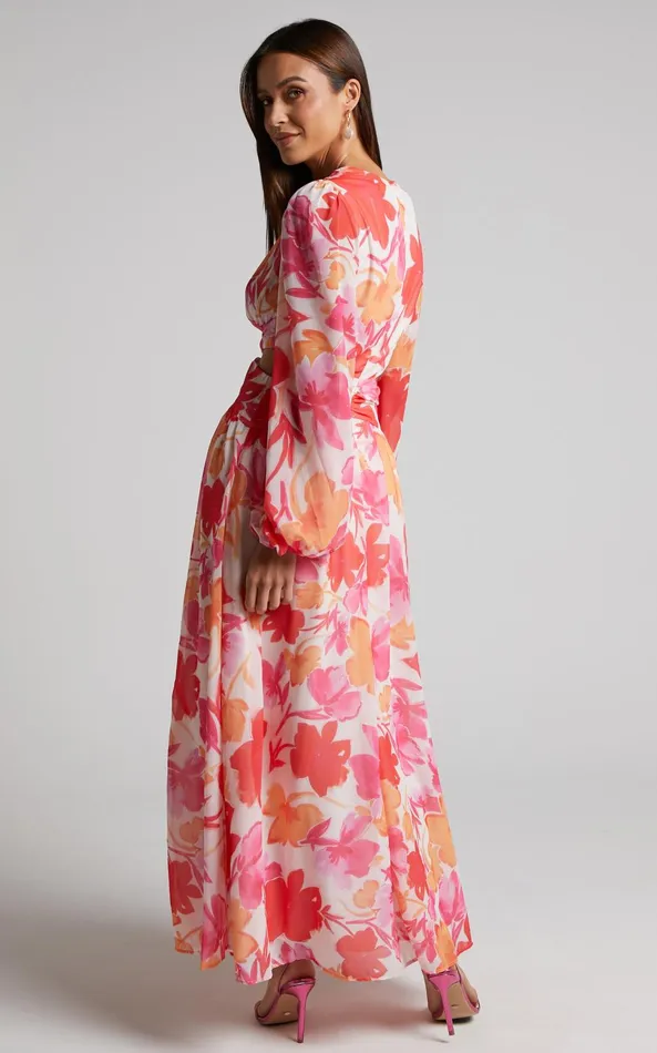 Showpo Emilee Midi Dress 8211 Side Cut Out Long Sleeve Plunge Dress In Pink Floral Women Dresses