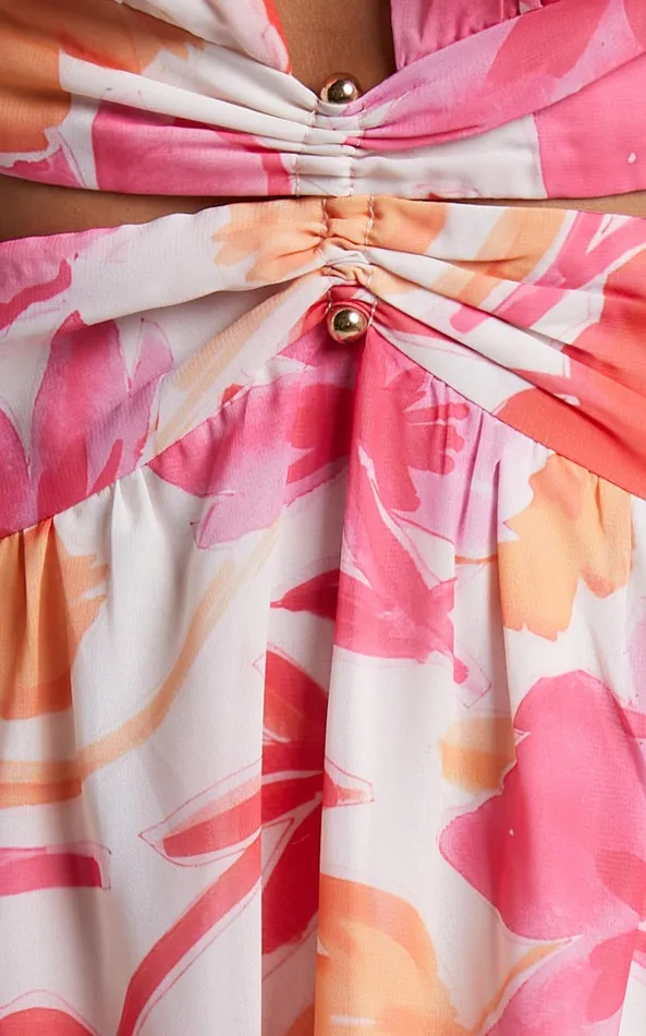 Showpo Emilee Midi Dress 8211 Side Cut Out Long Sleeve Plunge Dress In Pink Floral Women Dresses