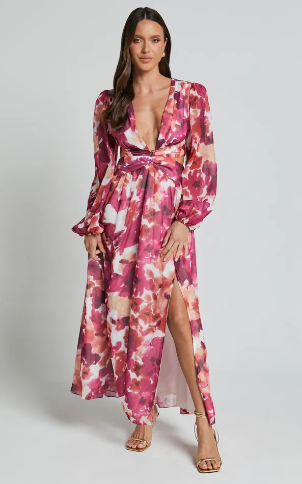 Showpo Emilee Midi Dress 8211 Side Cut Out Long Sleeve Plunge Dress In Purple Floral Women Dresses Showpo Emilee Midi Dress 8211 Side Cut Out Long Sleeve Plunge Dress In Purple Floral Women Dresses