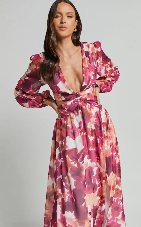 Showpo Emilee Midi Dress 8211 Side Cut Out Long Sleeve Plunge Dress In Purple Floral Women Dresses