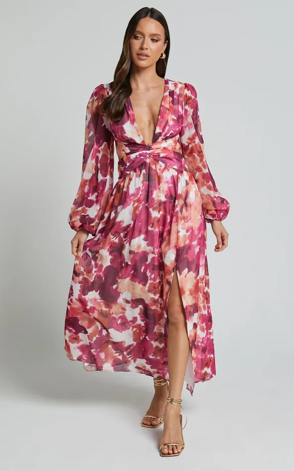 Showpo Emilee Midi Dress 8211 Side Cut Out Long Sleeve Plunge Dress In Purple Floral Women Dresses