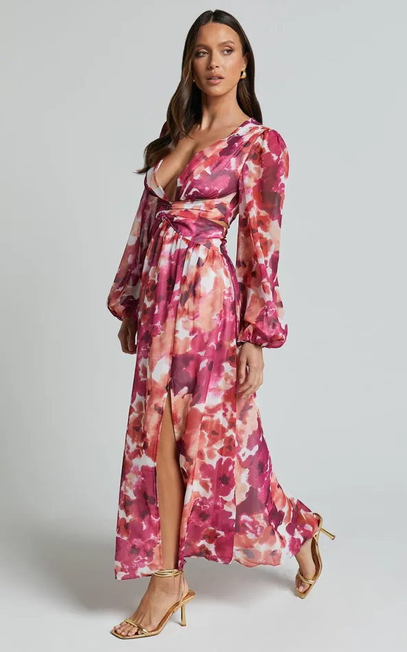 Showpo Emilee Midi Dress 8211 Side Cut Out Long Sleeve Plunge Dress In Purple Floral Women Dresses