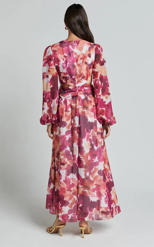 Showpo Emilee Midi Dress 8211 Side Cut Out Long Sleeve Plunge Dress In Purple Floral Women Dresses