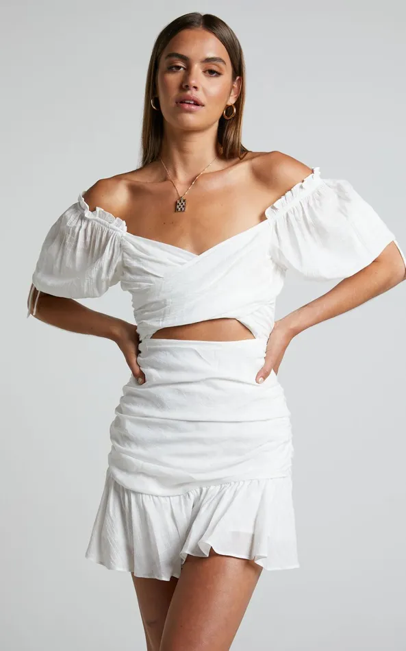 Showpo Emileen Mini Dress 8211 Cross Front Cut Out Puff Sleeve Dress In White Women Dresses