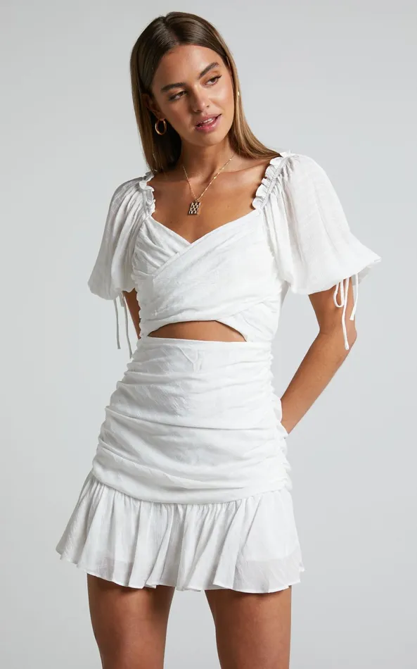Showpo Emileen Mini Dress 8211 Cross Front Cut Out Puff Sleeve Dress In White Women Dresses