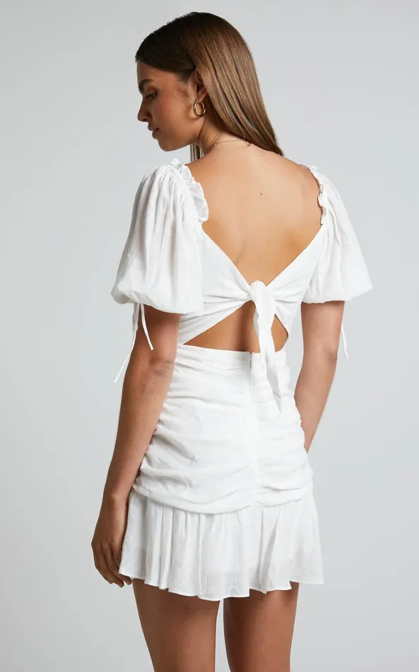 Showpo Emileen Mini Dress 8211 Cross Front Cut Out Puff Sleeve Dress In White Women Dresses