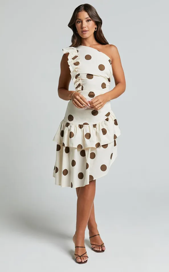 Showpo Emilie Midi Dress 8211 One Shoulder Ruffle Detail Dress In Chocolate And Natural Women Dresses