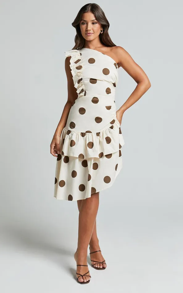 Showpo Emilie Midi Dress 8211 One Shoulder Ruffle Detail Dress In Chocolate And Natural Women Dresses