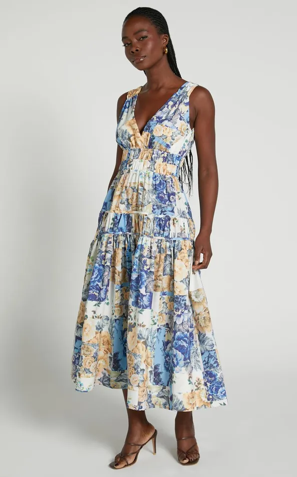 Showpo Emily Midi Dress 8211 Plunge Tiered Midi In Patchwork Floral Women Curve Clothes