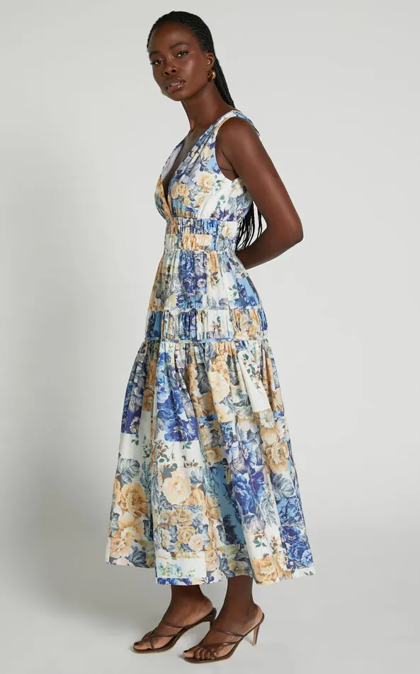 Showpo Emily Midi Dress 8211 Plunge Tiered Midi In Patchwork Floral Women Curve Clothes