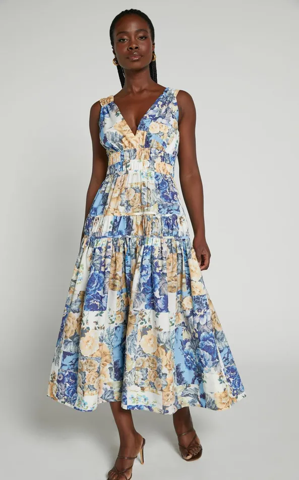 Showpo Emily Midi Dress 8211 Plunge Tiered Midi In Patchwork Floral Women Curve Clothes