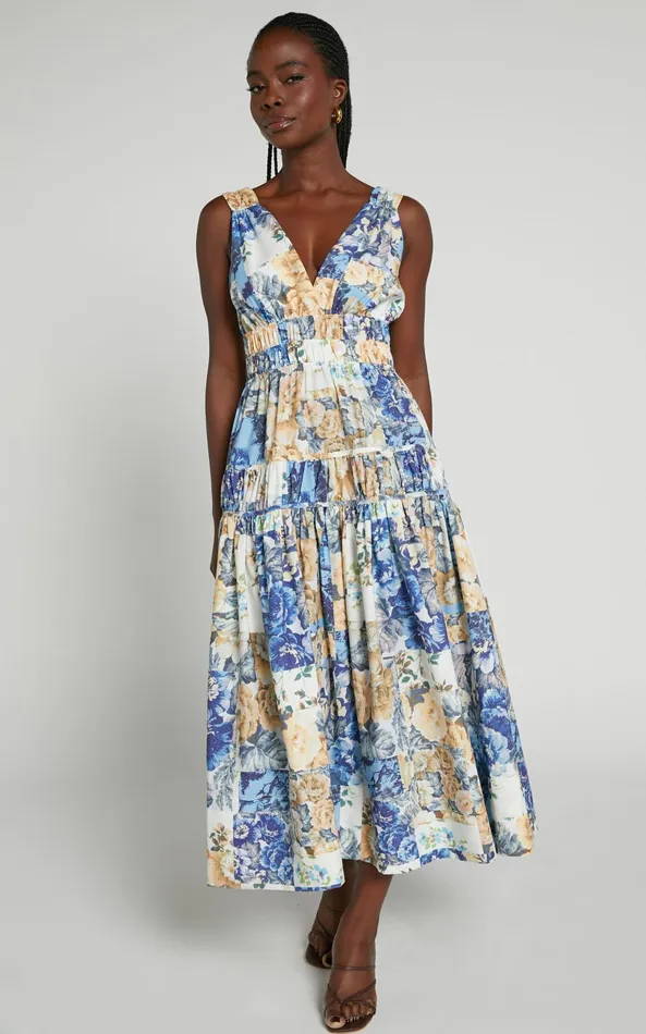 Showpo Emily Midi Dress 8211 Plunge Tiered Midi In Patchwork Floral Women Curve Clothes