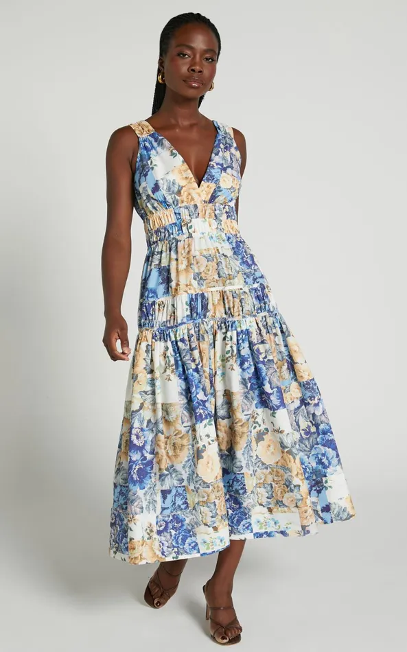 Showpo Emily Midi Dress 8211 Plunge Tiered Midi In Patchwork Floral Women Curve Clothes