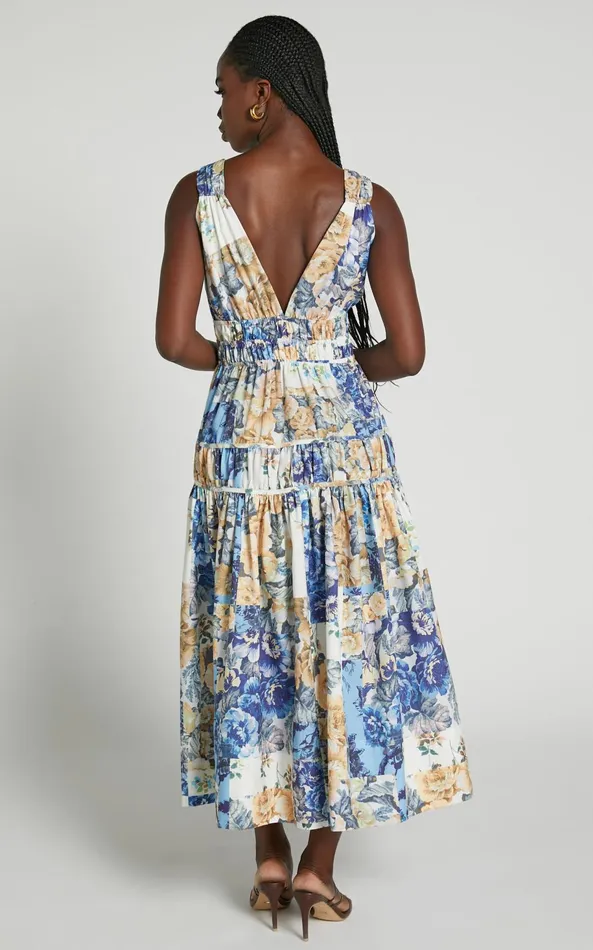 Showpo Emily Midi Dress 8211 Plunge Tiered Midi In Patchwork Floral Women Curve Clothes
