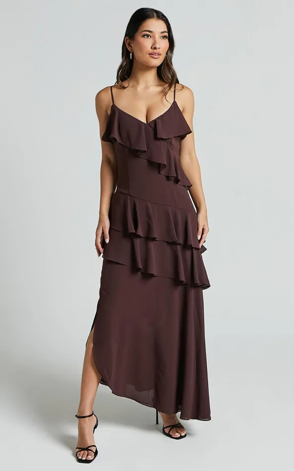 Showpo Emily Midi Dress 8211 Strappy Asymmetric Ruffle Dress In Chocolate Women Dresses Showpo Emily Midi Dress 8211 Strappy Asymmetric Ruffle Dress In Chocolate Women Dresses