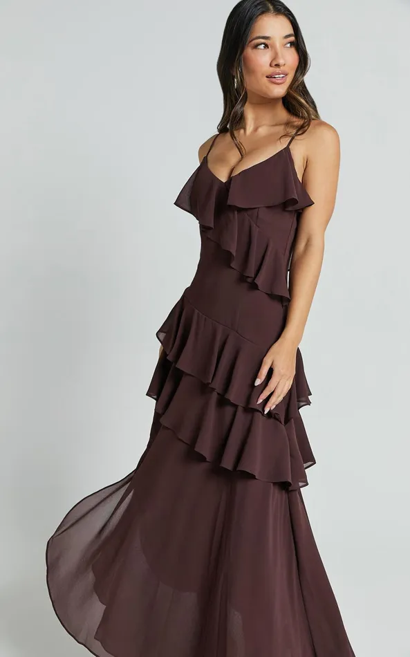 Showpo Emily Midi Dress 8211 Strappy Asymmetric Ruffle Dress In Chocolate Women Dresses