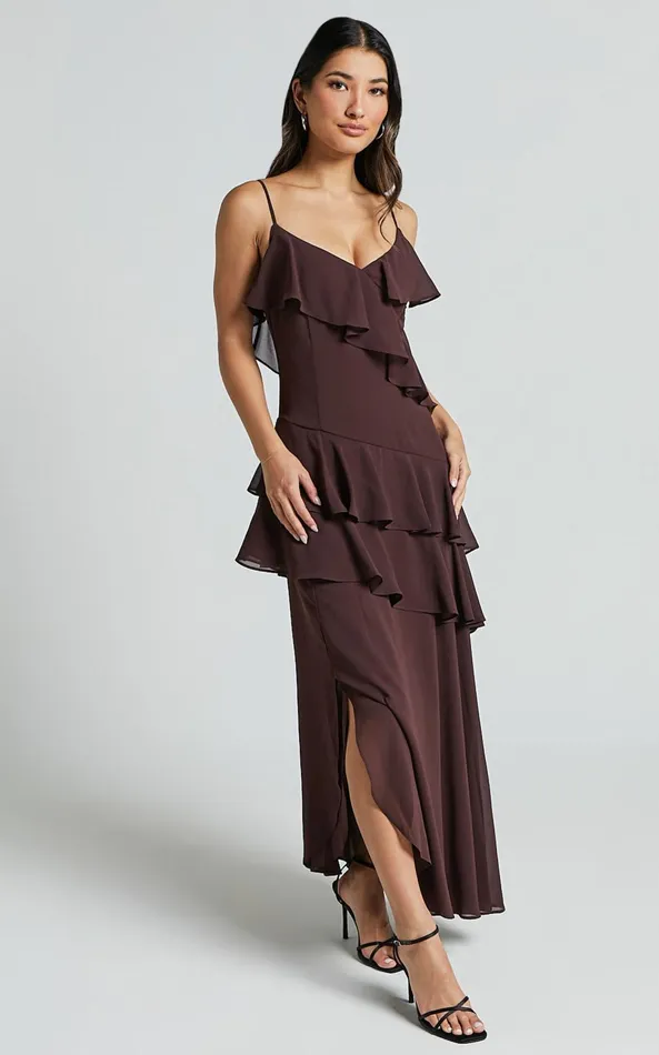 Showpo Emily Midi Dress 8211 Strappy Asymmetric Ruffle Dress In Chocolate Women Dresses