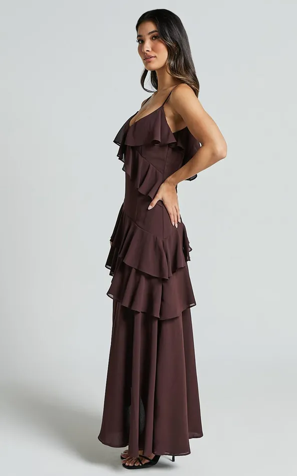 Showpo Emily Midi Dress 8211 Strappy Asymmetric Ruffle Dress In Chocolate Women Dresses