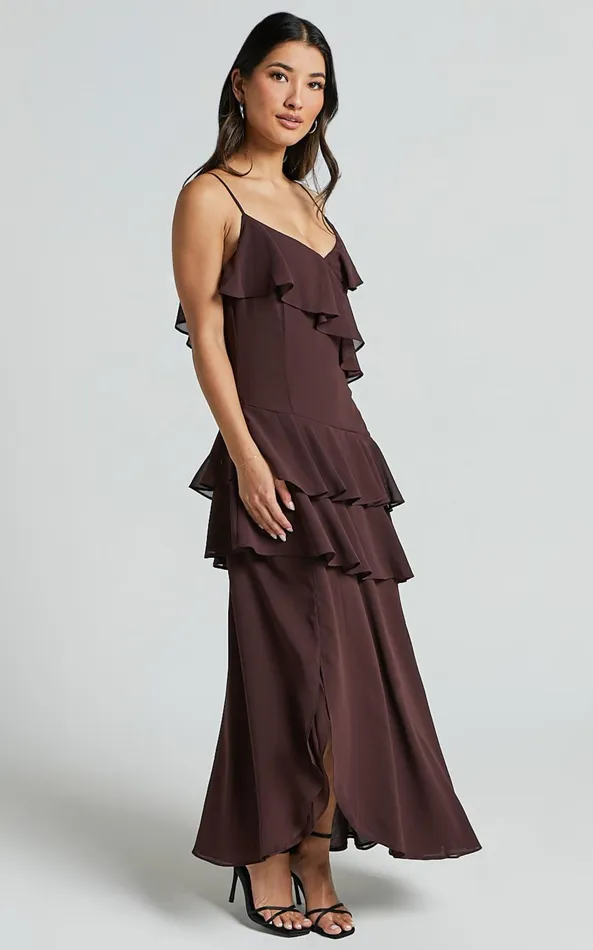Showpo Emily Midi Dress 8211 Strappy Asymmetric Ruffle Dress In Chocolate Women Dresses