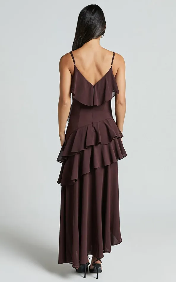 Showpo Emily Midi Dress 8211 Strappy Asymmetric Ruffle Dress In Chocolate Women Dresses