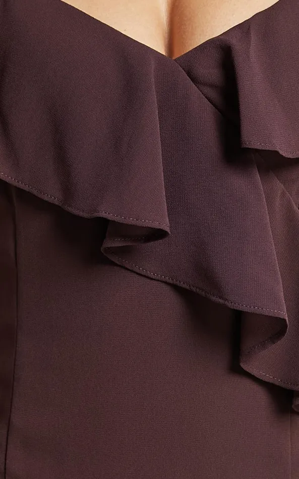 Showpo Emily Midi Dress 8211 Strappy Asymmetric Ruffle Dress In Chocolate Women Dresses