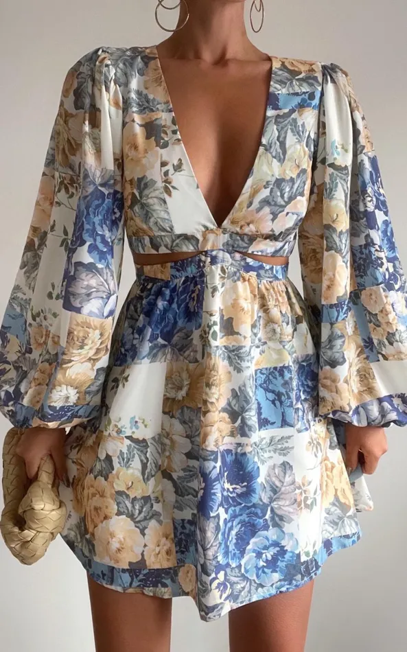 Showpo Emily Mini Dress 8211 V Neck Long Sleeve Cut Out Dress In Patchwork Floral Women Curve Clothes Showpo Emily Mini Dress 8211 V Neck Long Sleeve Cut Out Dress In Patchwork Floral Women Curve Clothes