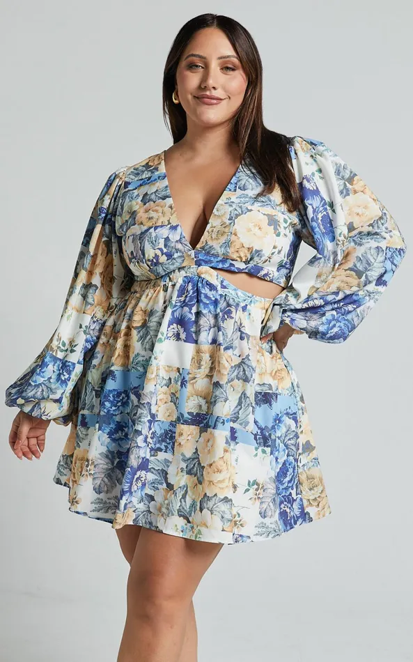 Showpo Emily Mini Dress 8211 V Neck Long Sleeve Cut Out Dress In Patchwork Floral Women Curve Clothes