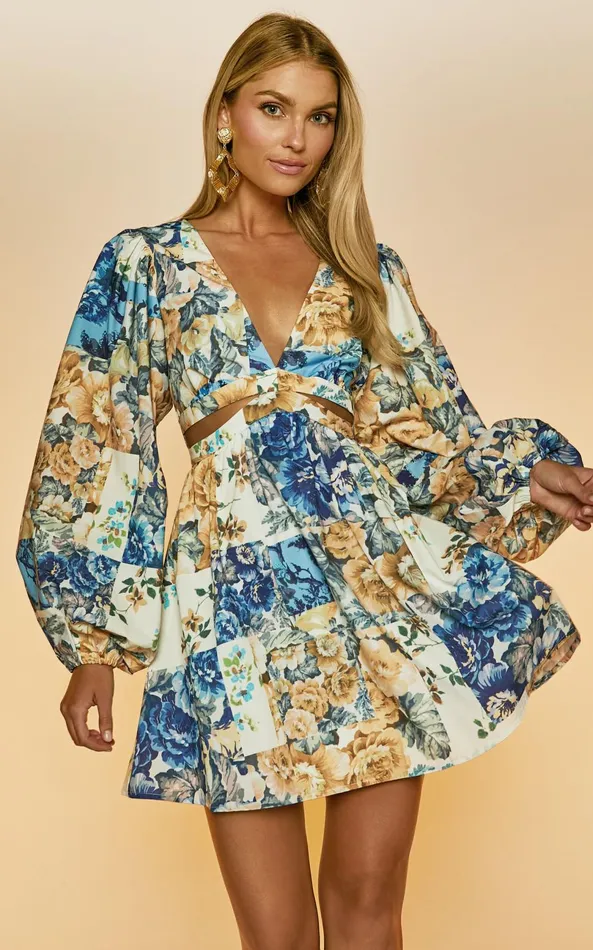Showpo Emily Mini Dress 8211 V Neck Long Sleeve Cut Out Dress In Patchwork Floral Women Curve Clothes