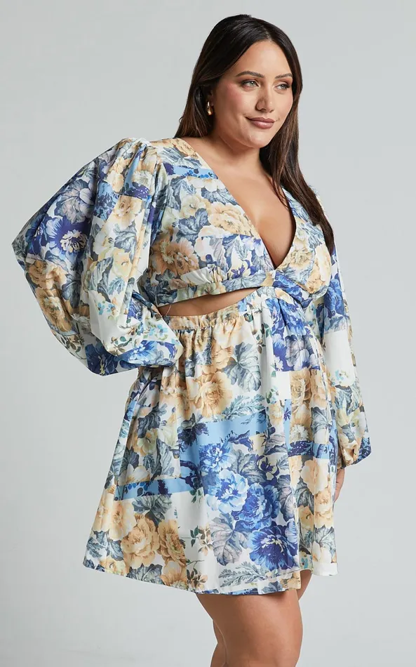 Showpo Emily Mini Dress 8211 V Neck Long Sleeve Cut Out Dress In Patchwork Floral Women Curve Clothes