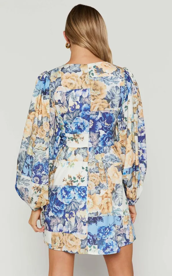 Showpo Emily Mini Dress 8211 V Neck Long Sleeve Cut Out Dress In Patchwork Floral Women Curve Clothes