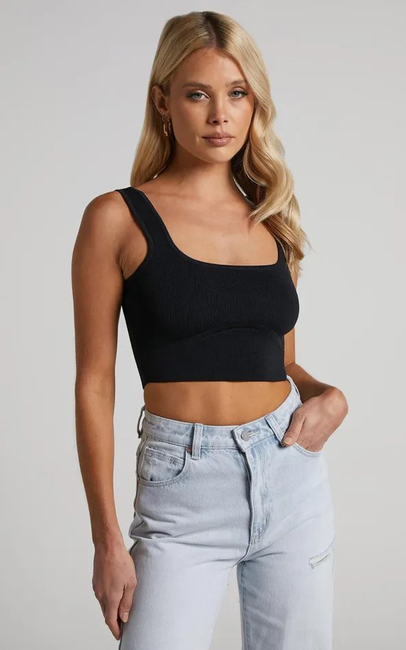 Showpo Emlei Top 8211 Square Neck Cropped Knit Top In Black Women Basics
