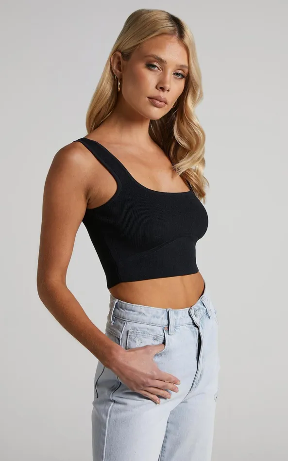 Showpo Emlei Top 8211 Square Neck Cropped Knit Top In Black Women Basics