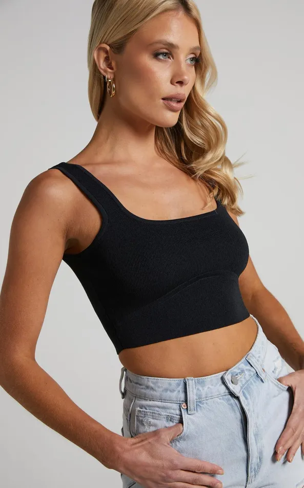 Showpo Emlei Top 8211 Square Neck Cropped Knit Top In Black Women Basics