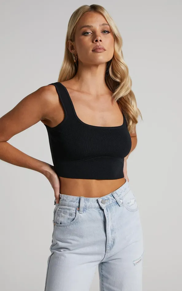 Showpo Emlei Top 8211 Square Neck Cropped Knit Top In Black Women Basics