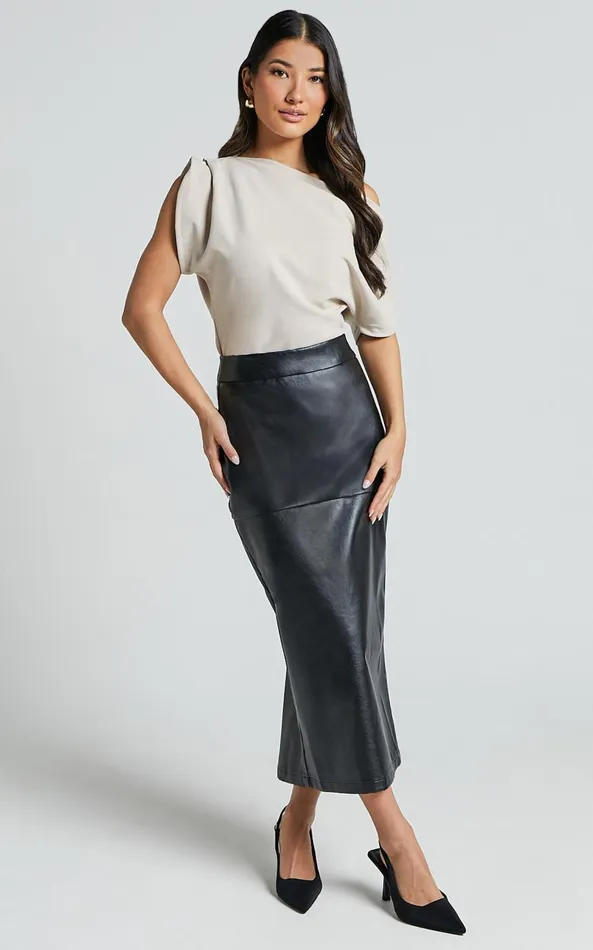 Showpo Emma Midi Skirt 8211 High Waisted Faux Leather Skirt In Black Women Skirts