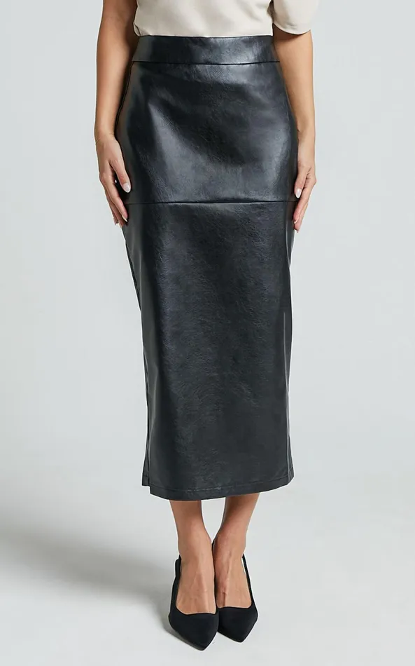 Showpo Emma Midi Skirt 8211 High Waisted Faux Leather Skirt In Black Women Skirts