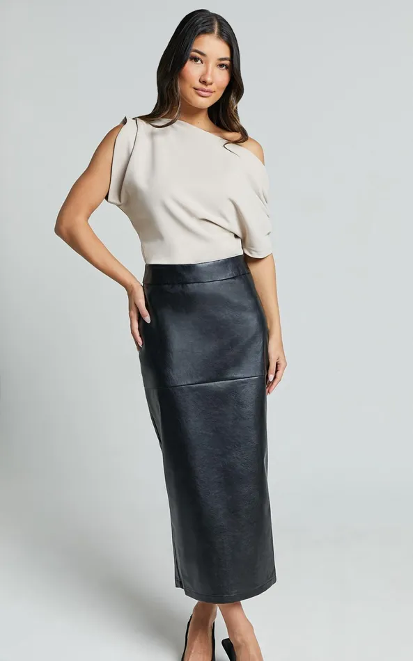 Showpo Emma Midi Skirt 8211 High Waisted Faux Leather Skirt In Black Women Skirts