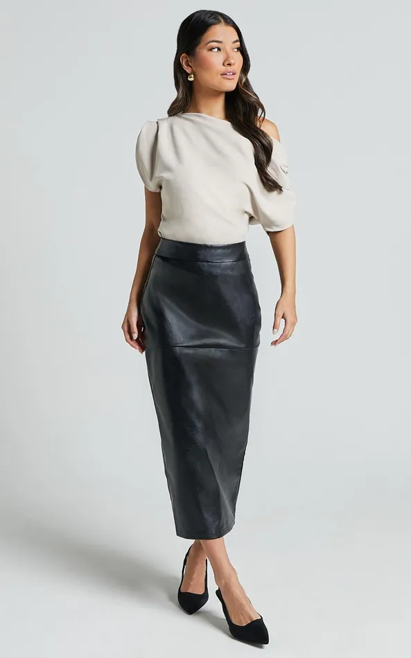 Showpo Emma Midi Skirt 8211 High Waisted Faux Leather Skirt In Black Women Skirts