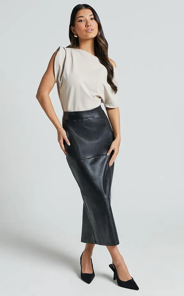 Showpo Emma Midi Skirt 8211 High Waisted Faux Leather Skirt In Black Women Skirts