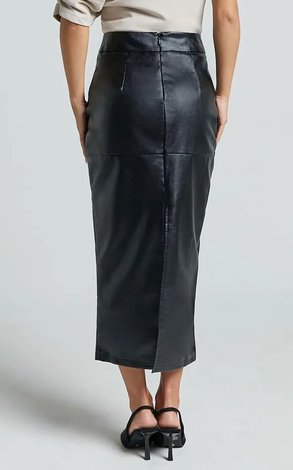 Showpo Emma Midi Skirt 8211 High Waisted Faux Leather Skirt In Black Women Skirts