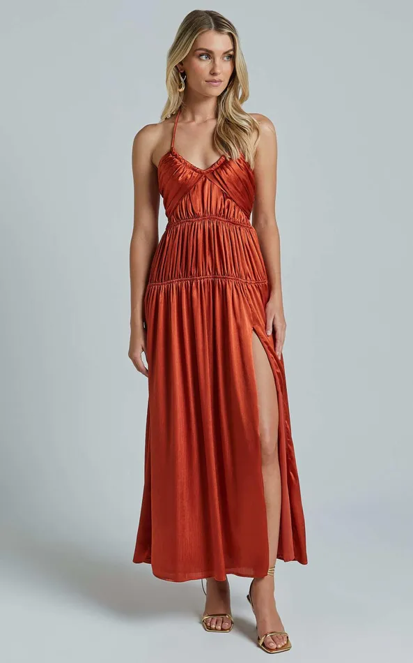 Showpo Emmalyn Maxi Dress 8211 Strappy Halter Tiered Fit and Flare In Rust Women Dresses